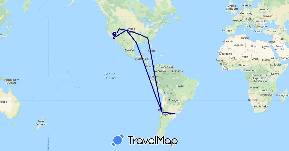 TravelMap itinerary: driving in Argentina, Chile, United States (North America, South America)